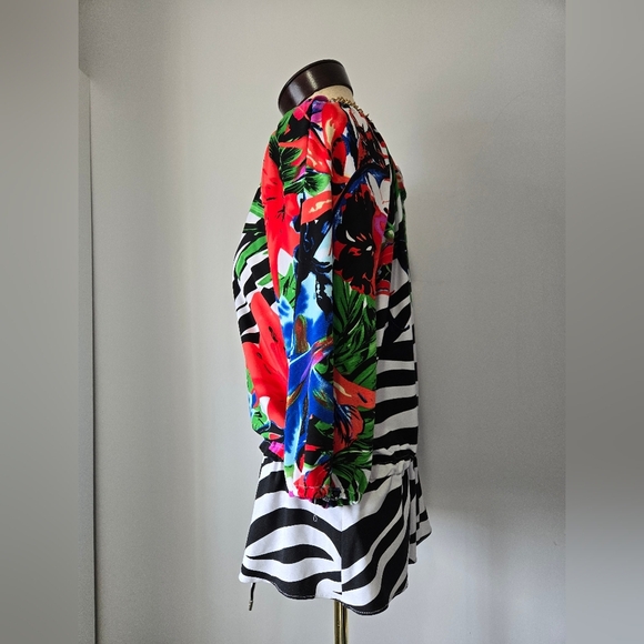 JOSEPH RIBKOFF Zebra Print Floral Accent Tie Waist Top. Size 14 - Picture 5 of 11